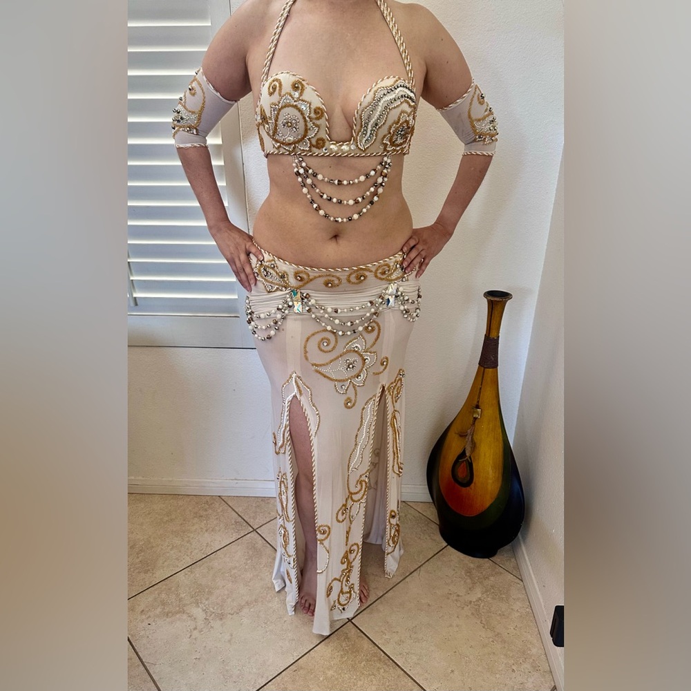 Gold and Cream Embellished Slit Halter belly dance costume